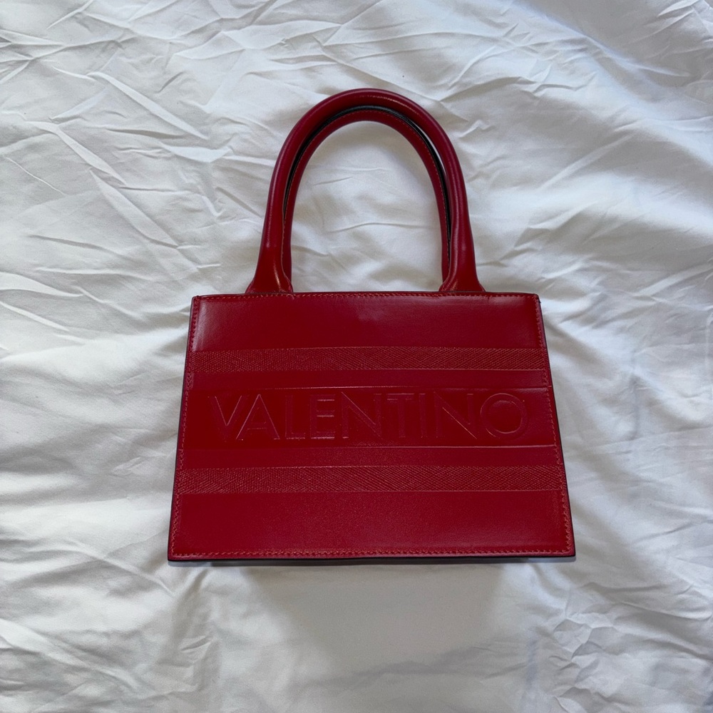 Valentino Red Structured Tote Bag with Embossed Logo